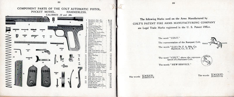 1908 Colt Catalog parts list for posket model hammerless pistol