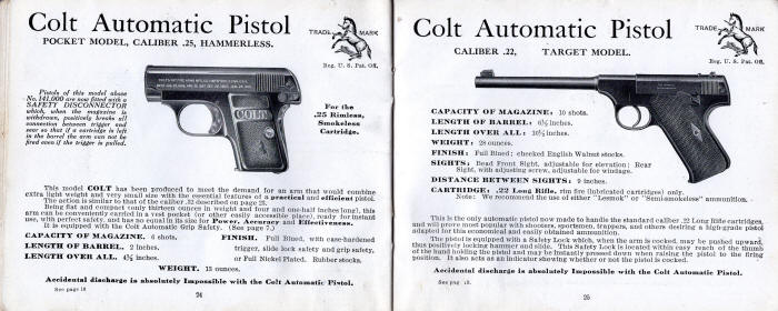 1919 Colt catalog pocket model .25 and woodsman .22 pistols