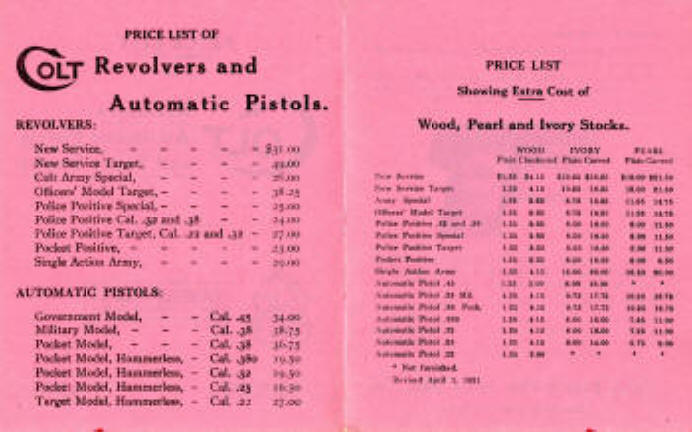 1922 price list of pistols and revolvers