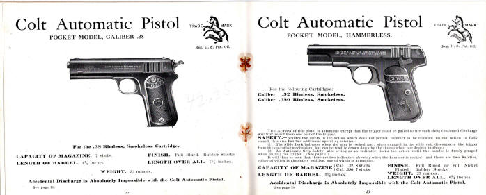 1923 colt automatic pocket model and pocket model, hammerlesss pistols