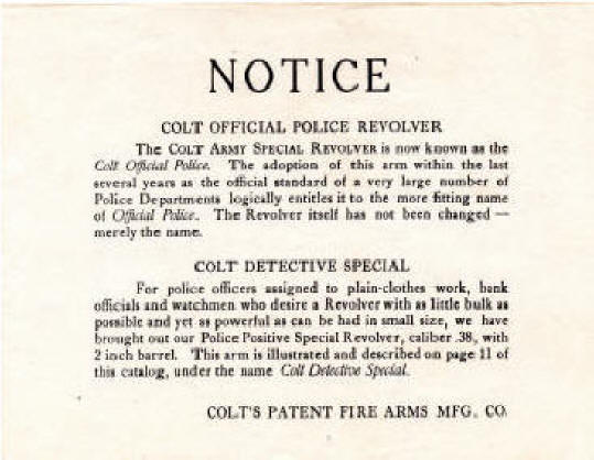 Colt notice of Detective Special addition to 1927 catalog