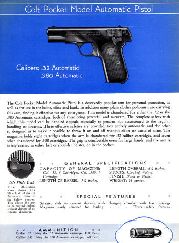 Colt 1936 Catalog .32, .380 pocket model automatic pistol