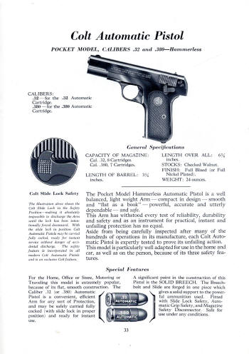 Colt 1937 catalog pocket model auto .32 and .380 pistol