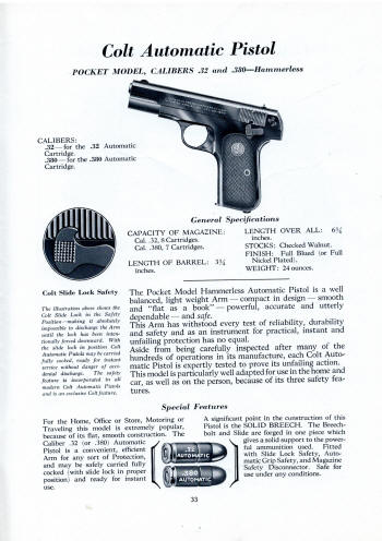 Colt Firearms 1938 catalog pocket model .32 and .380 pistol