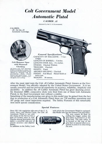 Colt Firearms 1938 catalog government M1911, .45 pistol