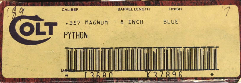 Colt/Leupold factory original scope for the 1981 8 in. Python box label