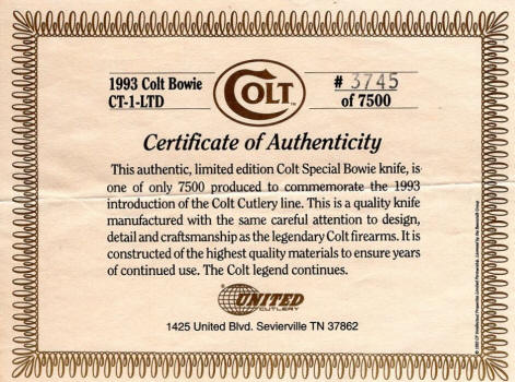 Colt CT-1-LTD Bowie Knife c. 1993 certificate