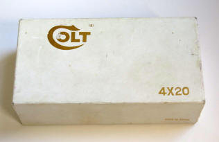 Later Colt white box for 4x20 scope, marked 'Made in Japan' on front