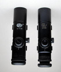Colt Firearms Early 3x20  on left and later 4x20 scope on right