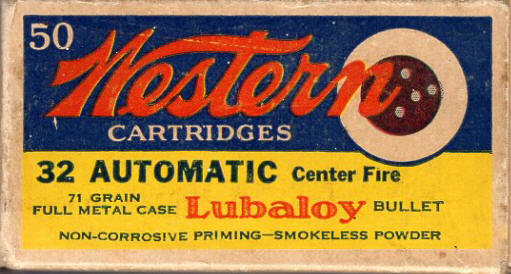 Western .32 Automatic 71 gr. bullet is full metal cased ammo box
