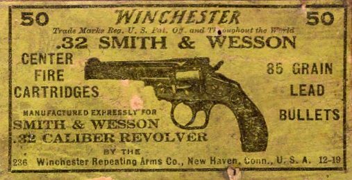 Winchester 32 S&W 85 gr. Closed breach, yellow label ammo box