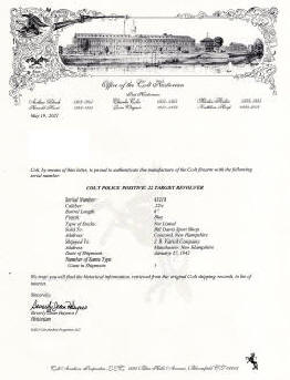 Colt factory letter for Colt Police Positive Target .22 (1941) 6 in. bbl. 