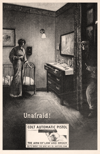 1910 Colt automatic pistol ads featuring a young mothers story