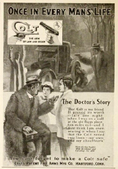1910 Colt automatic pistol ads featuring a  doctor's story