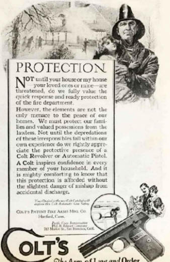 1924-5 Colt ad stressing 'protection' with pistols and revolvers