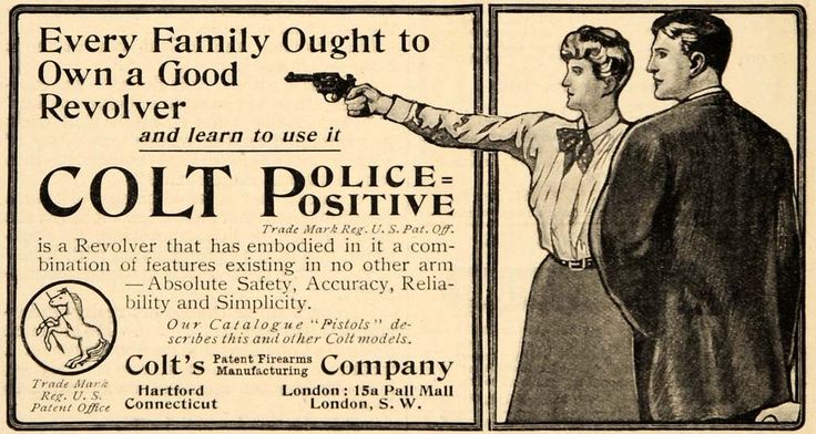 1907 Colt ad featuring a woman firing a revolver