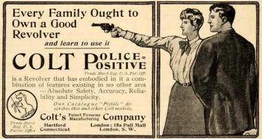 1907 Colt ad featuring a woman firing a revolver