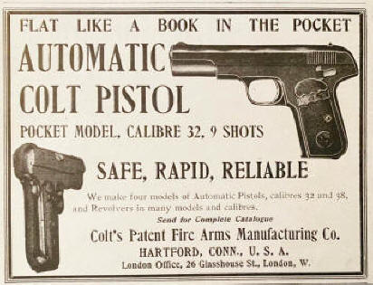 1904 Colt pistol ad 'Flat like a book'