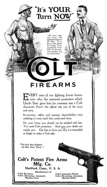 1919 Colt post-WW-1 ad soliciting young men to fight