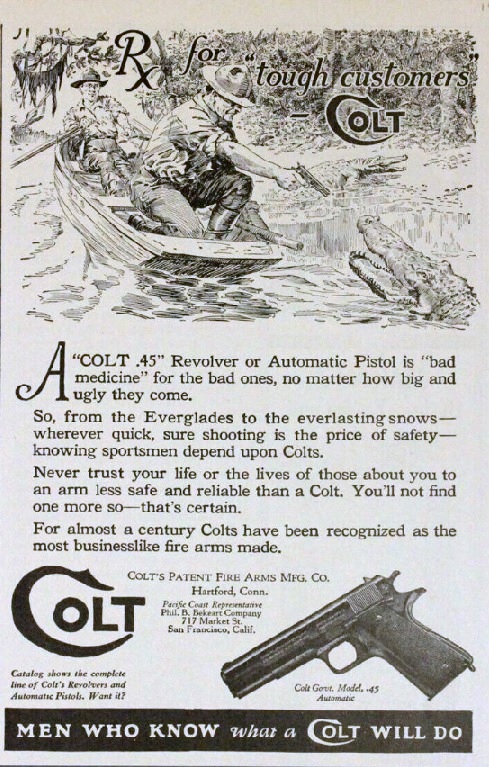 Colt ad of man shooting aligator from a boat