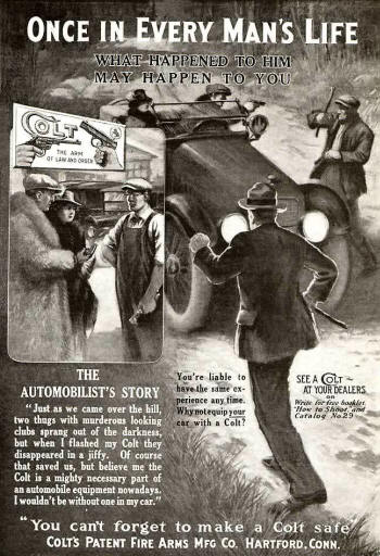 1919 Colt ads featuring an auto driver and policeman's crime stories