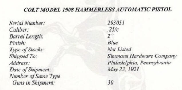 Colt M1908 Hammerless Semi-Automatic .25 cal. pistol factory letter