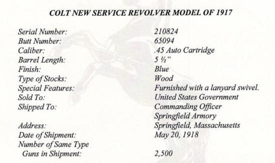 factory letter for: U. S. Army Colt M1917 .45 cal. Revolver