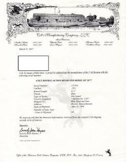 Colt factory letter for Colt .38 Model 1877 'Lightning' (1904) Am. Ex. Co.