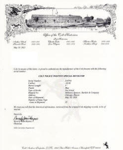 Colt factory letter for Colt Police Positive Special .32-20 WCF (1920) 5 in. bbl.
