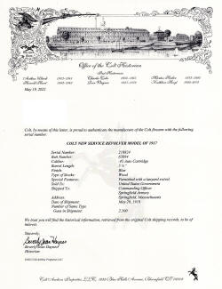 Colt factory letter for U. S. Army Colt M1917 .45 cal. Revolver