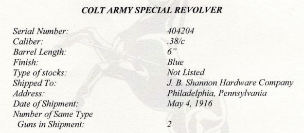 1916 Colt Army Special factory letter data