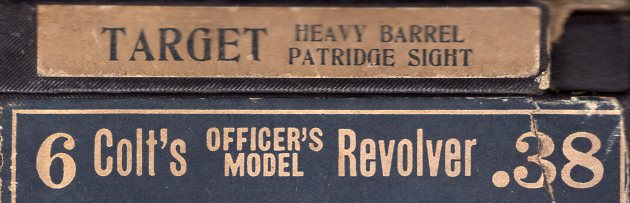 Colt box end label for Colt's Officer's Model Target .38, 6 in. heavy bbl. 1939