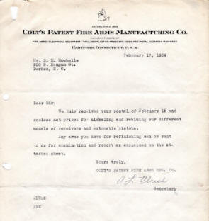 1934 Colt letter about refinishing revolver