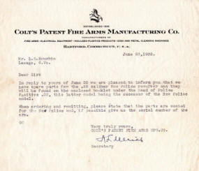 Colt factory letter to owner about parts for his .32 New Police revolver