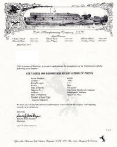 Colt factory letter for Colt Model 1908 Automatic Pistol .380 A.C.P. 