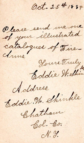 1884 post card to Colt Fire Arms requesting a catalog from Chatham, N.Y.