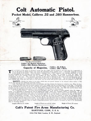 1908 colt automatic pistol pocket model 38 and 380 hammerless