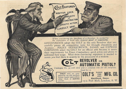 1908 Colt add with uncle sam pointing out colt to a police office
