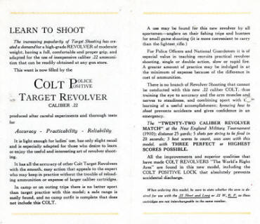 1910 Colt .22 calibre revolver pamphlet showing Colt Police Positive target revolver p. 2-3