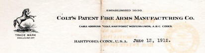 1912 letter from Colt to Myers Hardware Co. Lexington, Va.