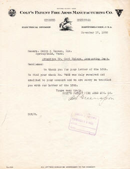 1928 letter from Colt's Electric division to Smith and Wesson