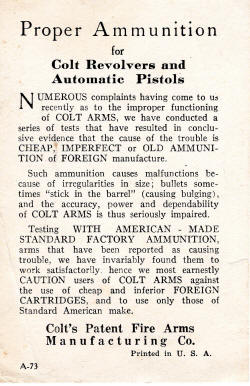 1929 Colt warning about inferior european ammo