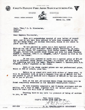 1930 letter from Colt to Tex Winchester aka Howard Knutson