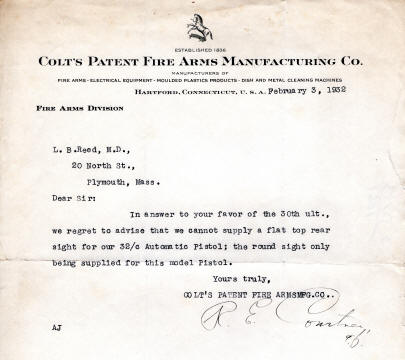 1931 Colt letter to customer about not being able to supply a sight.