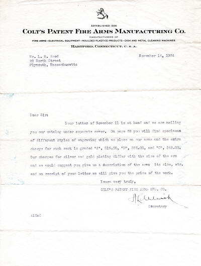 1934 Letter from Colt to L. B. Reed, Plymouth, Mass. regarding a catalog sent to him and engraving prices