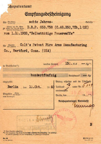 1940 german receipt to Colt's Patent Fire Arms for a patent renewal