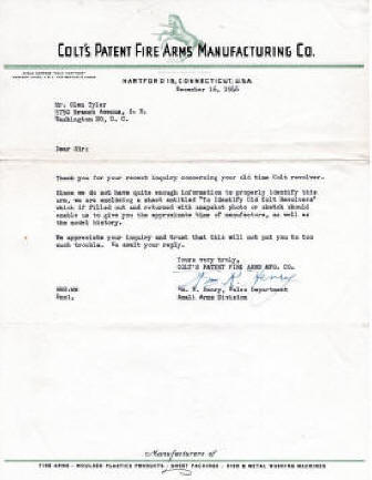 Colt factory reply to a customeer for request to identify a Colt revolver