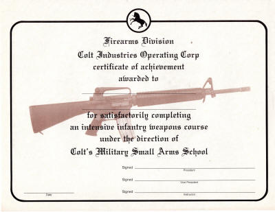 1990s Colt small arms course certificate