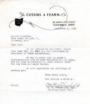 1939 Letter from Cussins & Fearn to Colt customer 