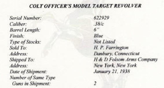 Colt Officers' Model Target .38 (1938) heavy 6 in. bbl. enlarged colt factory letter